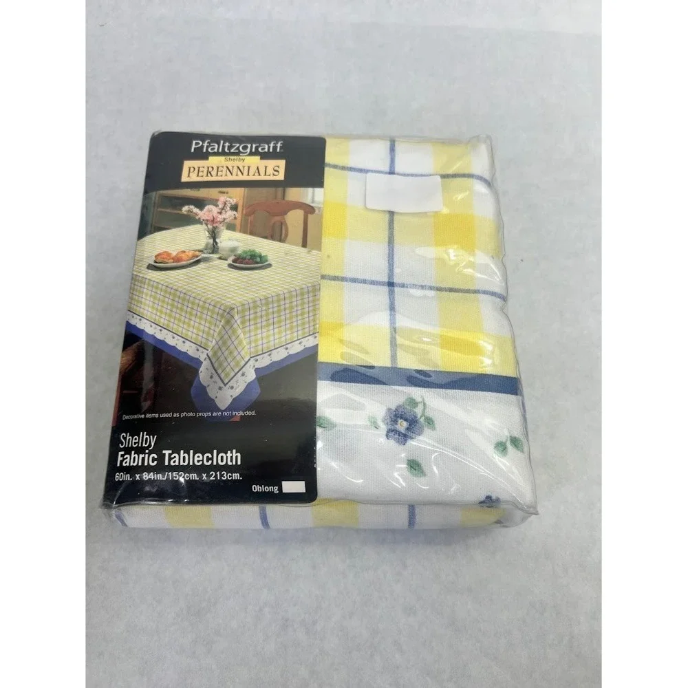 Pfaltzgraff Shelby Perennials Yellow Plaid Cotton Tablecloth 60x84 Oblong NEW